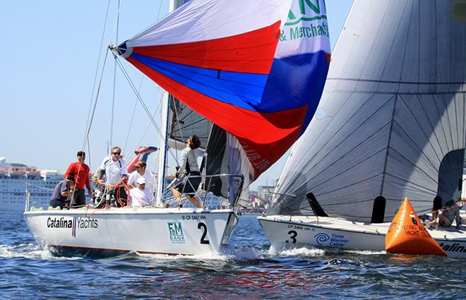 Skip Allan (2) and Scott Perry (3) cross paths at leeward gate © Rich Roberts